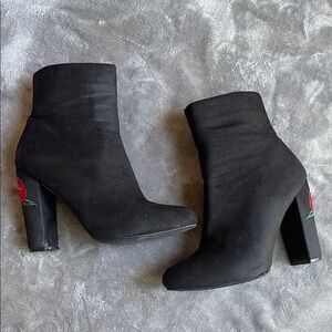 Black Ankle Boots with Rose Embroidery